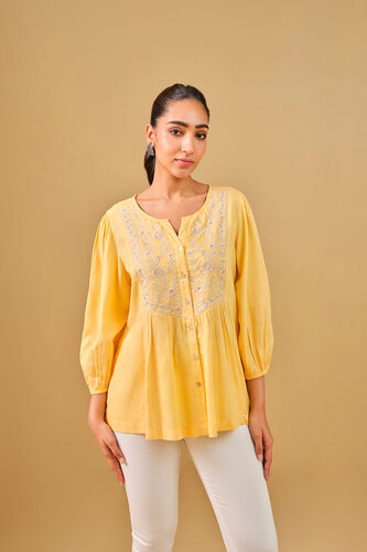 Floral Embroidered Yellow Viscose Top, Yellow, image 1